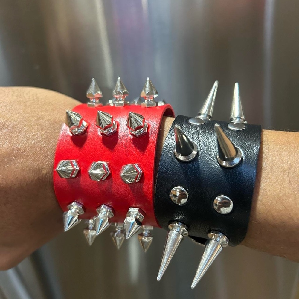 2 PCs faux leather Black And Red Gothic spike Punk Bracelets Rock grunge